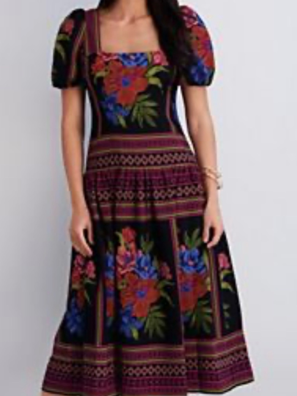Kensie Black Midi Dress with Red and Blue Floral Print